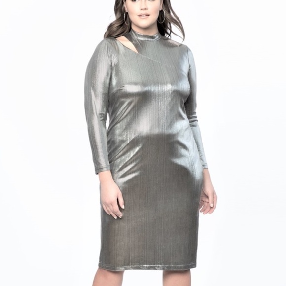 Dress-16 (1X) Silver Metallic Foil Bodycon Mock Cutout Neck Long Sleeves Eloquii - Picture 1 of 6